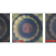 The sample taken at different stages of compression. The center is the metallic hydrogen, but the red color is likely due to molecular changes in the diamond, rather than the hydrogen.